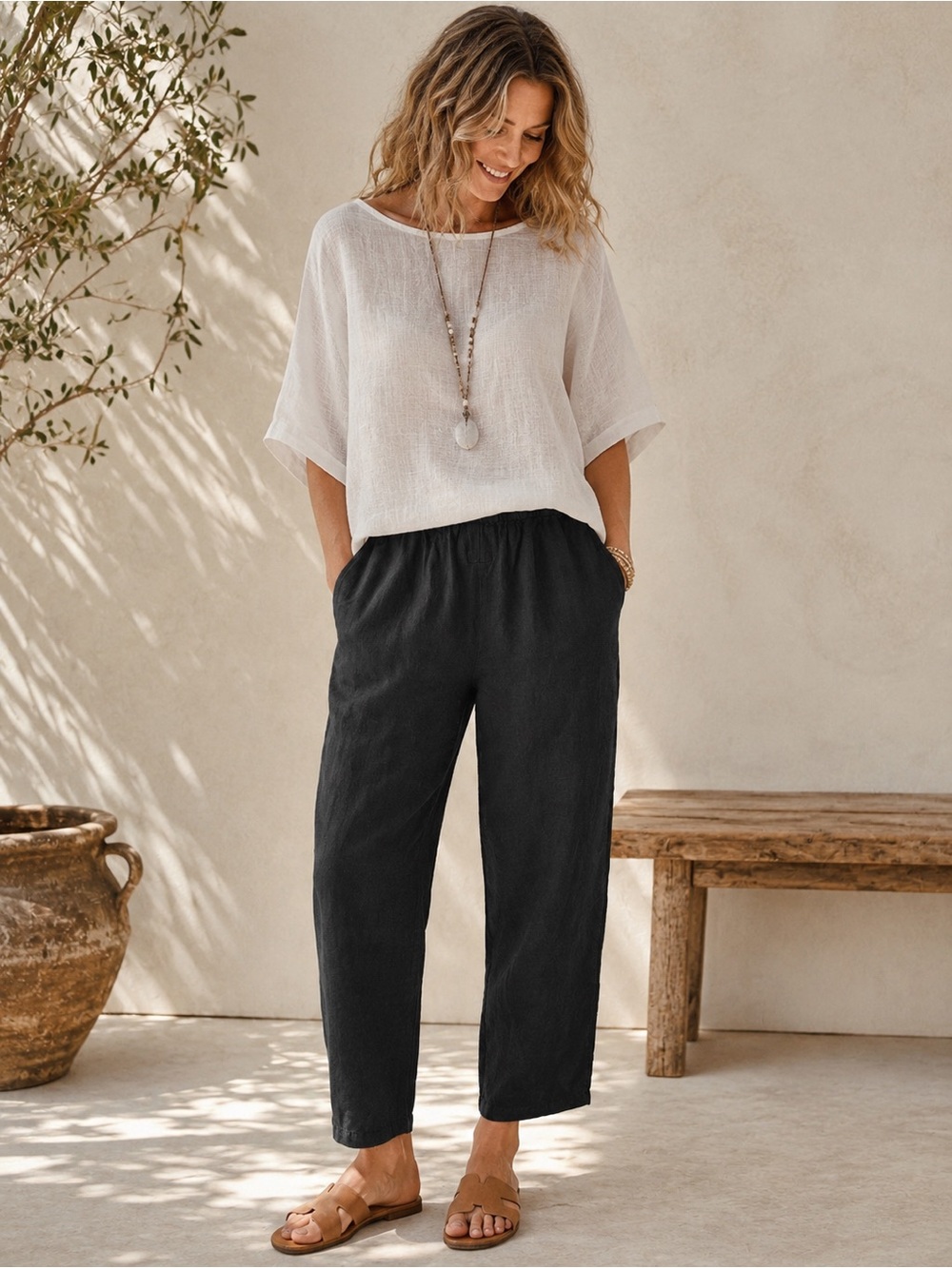 FLAX Black Linen Pants Small Pull On Elastic Waist Pockets Lagenlook Euro Style